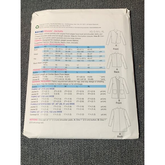 Kwik Sew Misses Jackets Pattern K4140 XS-S-M-L-XL uncut - Picture 2 of 2